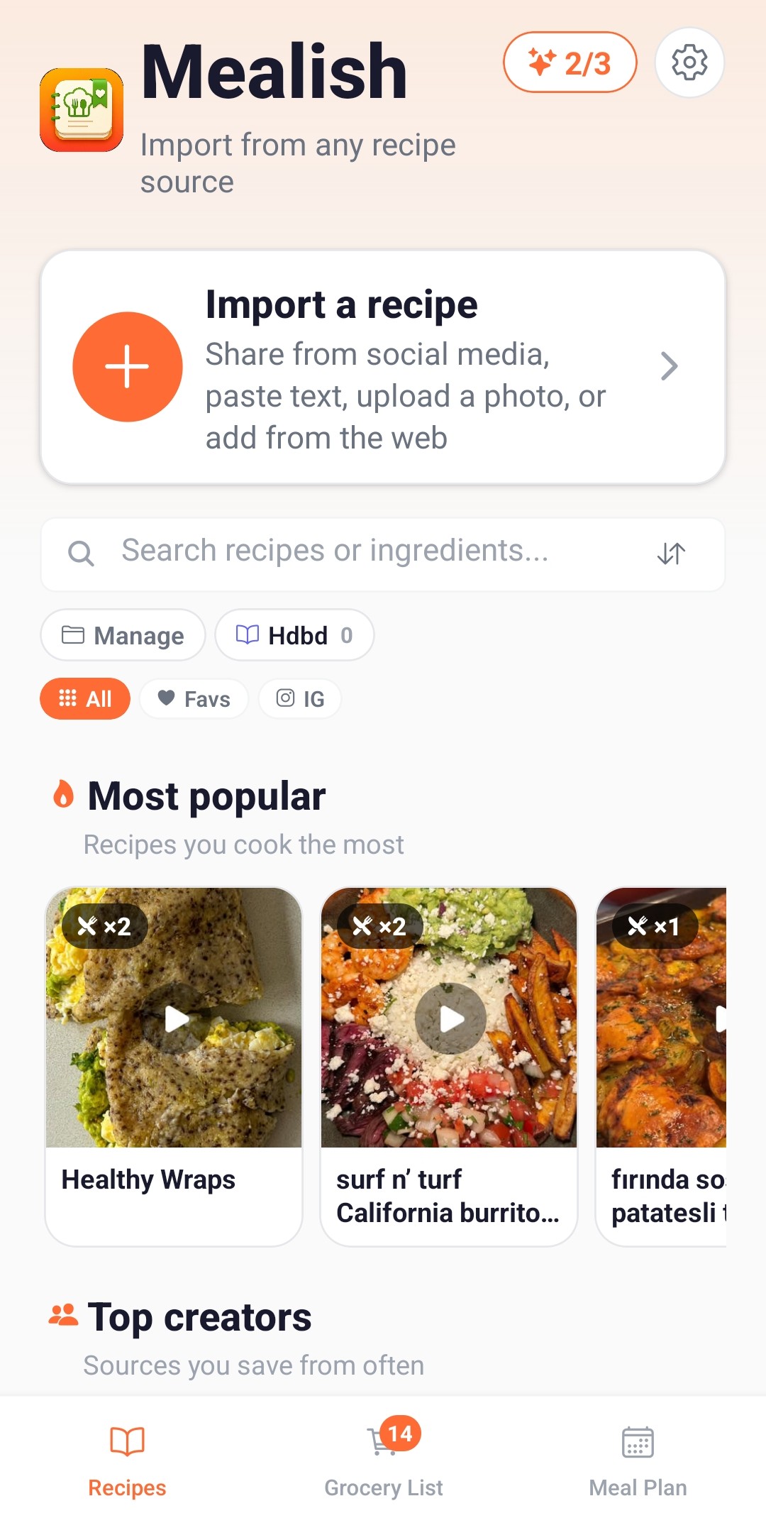 Mealish home screen with recipes saved from social videos